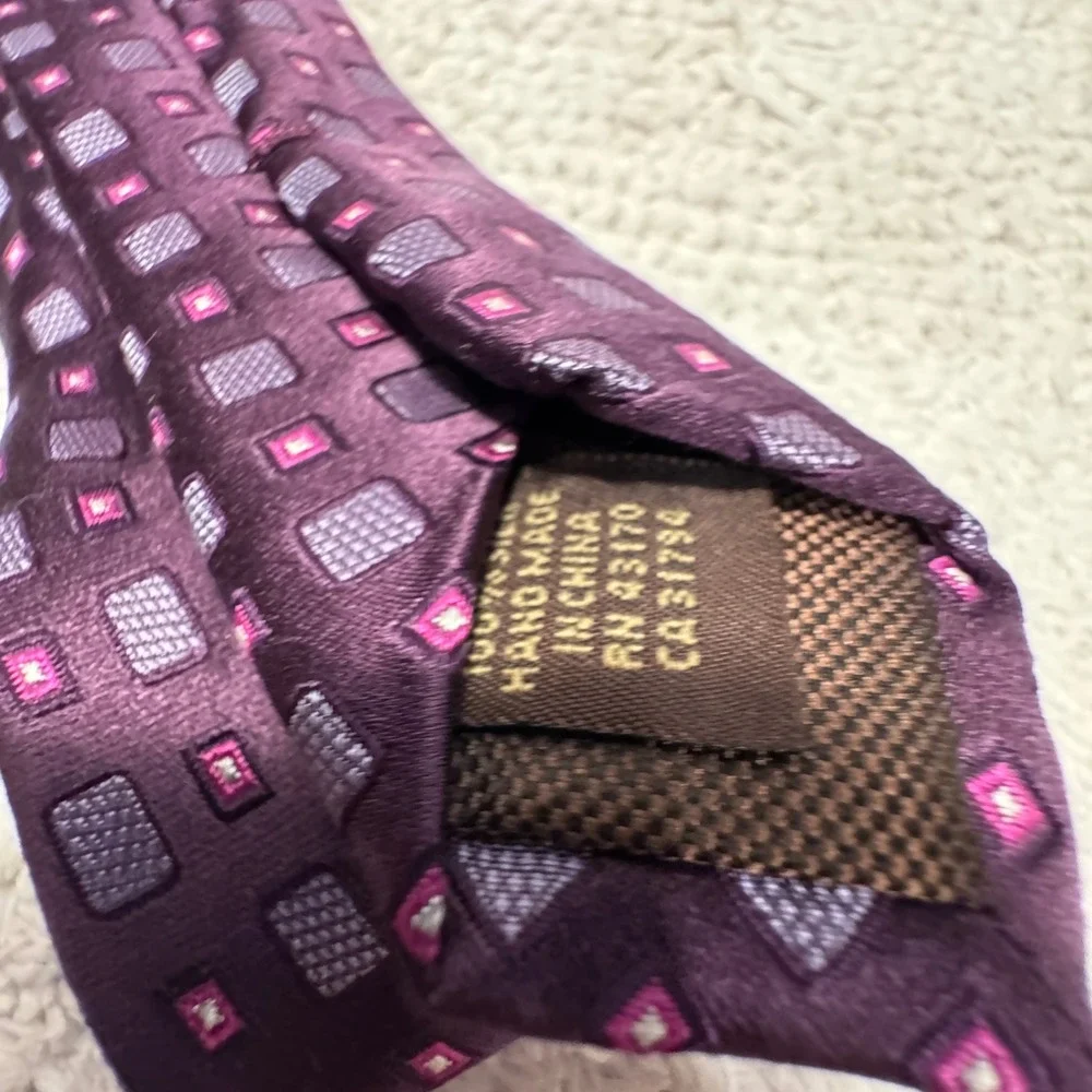 Tasso Elba Tie Purple Pink Geometric Square 100% Silk Handmade Necktie Luxury